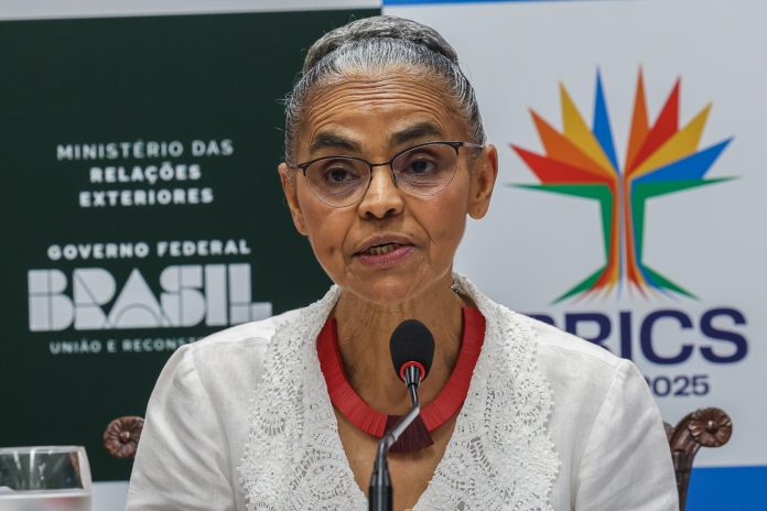 Brasília (DF), 03/04/2025.- A ministra do Meio Ambiente e Mudança do Clima, Marina Silva, durante entrevista após a 11ª reunião dos ministros de Meio Ambiente do Brics, sob a presidência brasileira.
