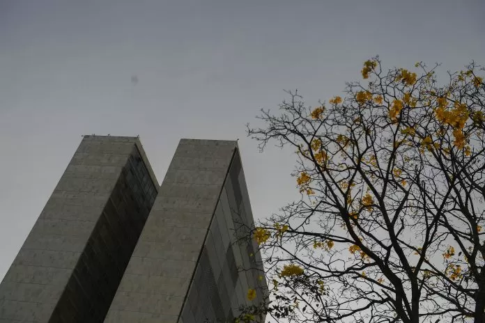 Fachada do Palácio do Congresso Nacional. O Palácio do Congresso Nacional é um dos pilares da arquitetura monumental de Niemeyer que dão forma à capital inaugurada em 1960. Construído em terreno elevado, é visto de longe como culminância da avenida Eixo Monumental, que abriga a Esplanada dos Ministérios e atravessa a cidade de norte a sul. Sede das duas Casas do Poder Legislativo e um dos mais famosos cartões postais do Brasil, o Palácio do Congresso Nacional é composto por duas cúpulas e duas torres de 28 andares, que abrigam a Câmara dos Deputados e o Senado Federal. Em destaque, início da floração de ipê-amarelo, espécie nativa do cerrado. Foto: Marcos Oliveira/Agência Senado câmara dos deputados, senado federal